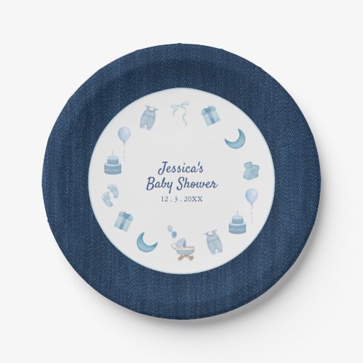 Navy Denim Blue Jean Baby Shower Pappteller (Vorderseite)