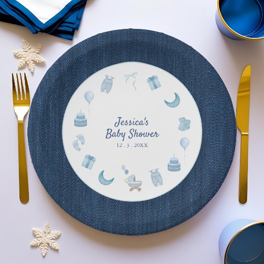 Navy Denim Blue Jean Baby Shower Pappteller