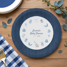 Navy Denim Blue Jean Baby Shower Pappteller