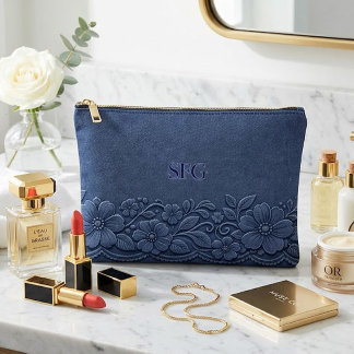 Navy-Denim-Blumenmonogramm-Design Zubehörtasche