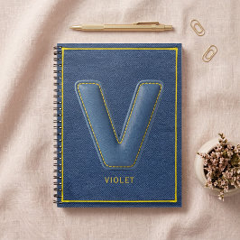 Navy Denim Gelber Stich Faux-Leder V Initiale Notizblock