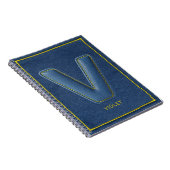 Navy Denim Gelber Stich Faux-Leder V Initiale Notizblock (Rechte Seite)