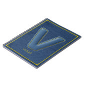 Navy Denim Gelber Stich Faux-Leder V Initiale Notizblock (Linke Seite)