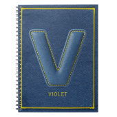 Navy Denim Gelber Stich Faux-Leder V Initiale Notizblock (Vorderseite)