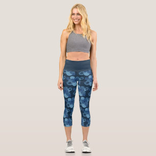 Navy Denim Tropical Blume Print Capri Yoga Pants