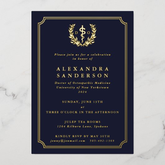Navy Doktor der Osteopathischen Medizin Abschluss Folieneinladung (Vorderseite)