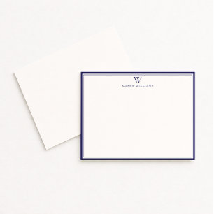 Navy-Doppelrand-Monogramm-Notizkarte in Off-White Einladung