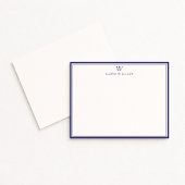 Navy Double Border Monogram Off-White Note Card Einladung