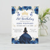 Navy Dress Black Hair Princess Birthday Einladung (Stehend Vorderseite)