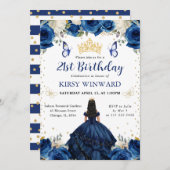 Navy Dress Black Hair Princess Birthday Einladung (Vorne/Hinten)