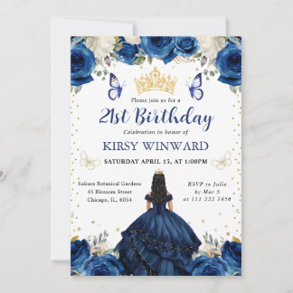 Navy Dress Black Hair Princess Birthday Einladung