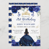 Navy Dress Black Hair Princess Birthday Einladung (Vorne/Hinten)