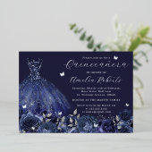 Navy Dress Silver Butterfly Floral Folieneinladung (Stehend vorne)