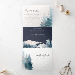 NAVY DUSKY BLUE BERGE PINE WATERCOLOR WEDD DREIFACH GEFALTETE EINLADUNG