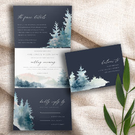 NAVY DUSKY BLUE BERGE PINE WATERCOLOR WEDD DREIFACH GEFALTETE EINLADUNG