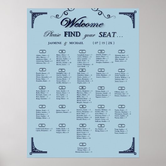 Navy Dusty Blue Alphabetical Wedding Seating Chart Poster (Vorne)