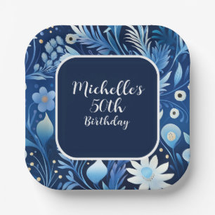 Navy Dusty Blue Blumen 50. Geburtstag  Pappteller