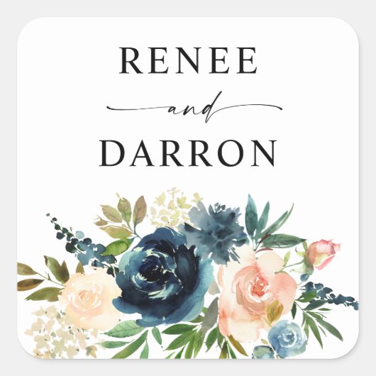 Navy & Dusty Blue Blush Pink Floral Quadratischer Aufkleber (Vorderseite)