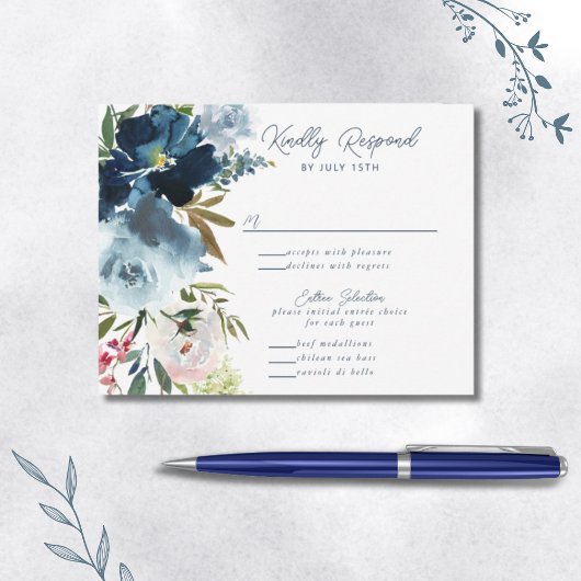 Navy & Dusty Blue Elegante Wasserfarben RSVP Karte