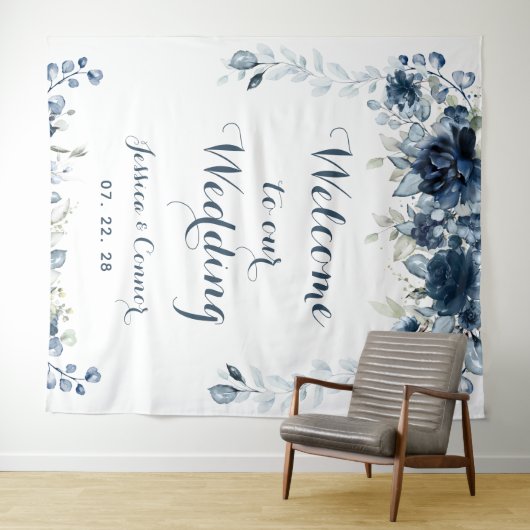 Navy Dusty Blue Eucalyptus Willkommen bei unserer  Wandteppich (Beispiel (Horizontal))