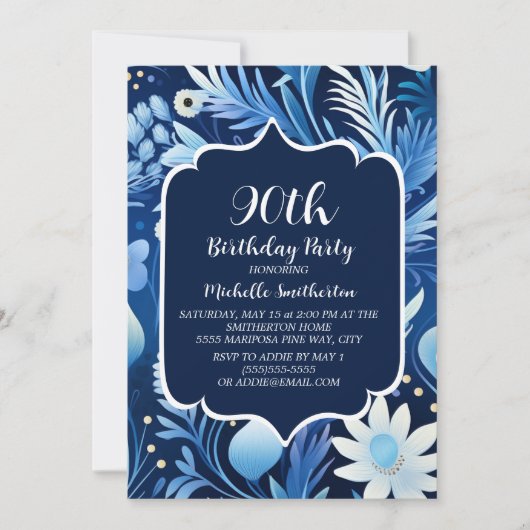 Navy Dusty Blue Floral 90. Geburtstag Einladung (Vorderseite)