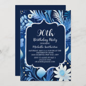 Navy Dusty Blue Floral 90. Geburtstag Einladung (Vorne/Hinten)