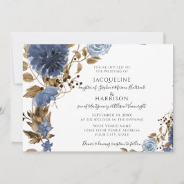 Navy Dusty Blue Floral Earthy Foliage Wedding Einladung