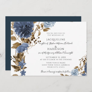 Navy Dusty Blue Floral Earthy Foliage Wedding Einladung