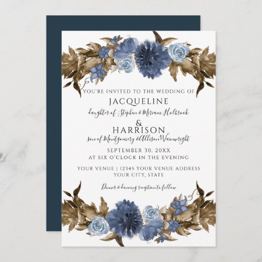 Navy Dusty Blue Floral Fall Sepia Grüne Hochzeit Einladung (Vorne/Hinten)