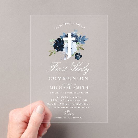 Navy & dusty blue floral first holy communion acryleinladungen (Insitu (Handheld))