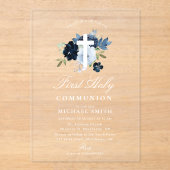 Navy & dusty blue floral first holy communion acryleinladungen (Vorderseite)