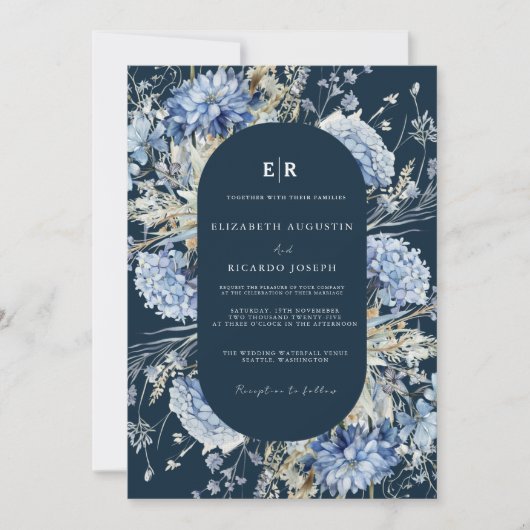 Navy Dusty Blue Floral Spring Bloom Wedding Einladung (Vorderseite)