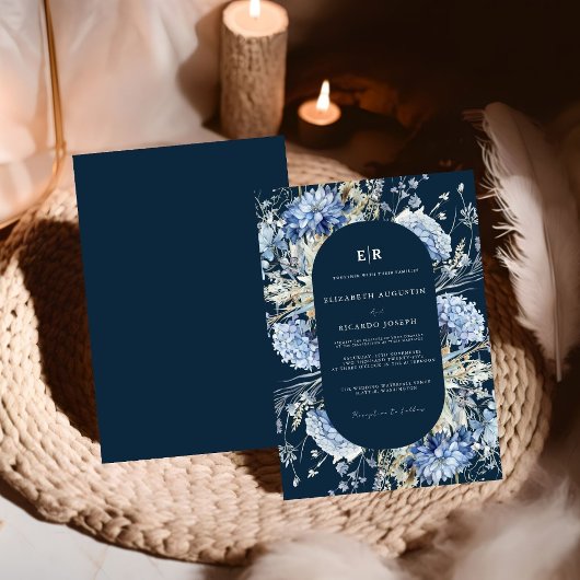 Navy Dusty Blue Floral Spring Bloom Wedding Einladung