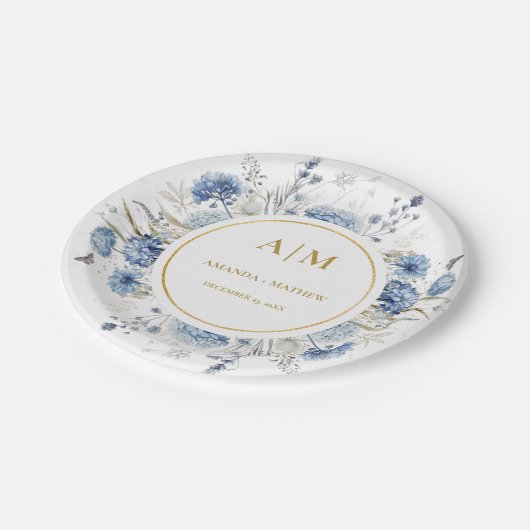 Navy Dusty Blue Floral Spring Bloom Wedding Pappteller (Schrägansicht)