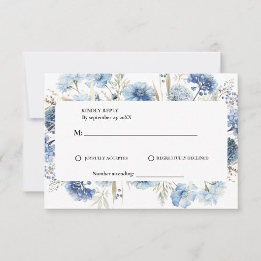 Navy Dusty Blue Floral Spring Bloom Wedding RSVP Karte (Vorderseite)