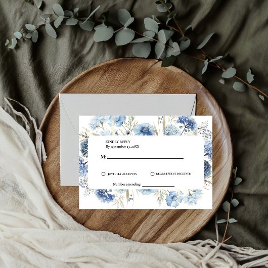 Navy Dusty Blue Floral Spring Bloom Wedding RSVP Karte