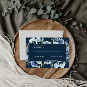 Navy Dusty Blue Floral Spring Bloom Wedding RSVP Karte