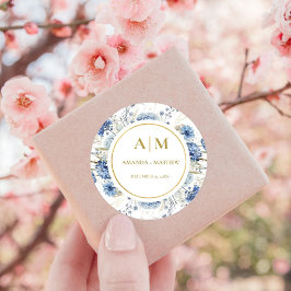 Navy Dusty Blue Floral Spring Bloom Wedding Runder Aufkleber