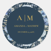 Navy Dusty Blue Floral Spring Bloom Wedding Runder Aufkleber (Vorderseite)