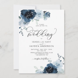 Navy Dusty Blue Flowers Bloral Wedding Einladung