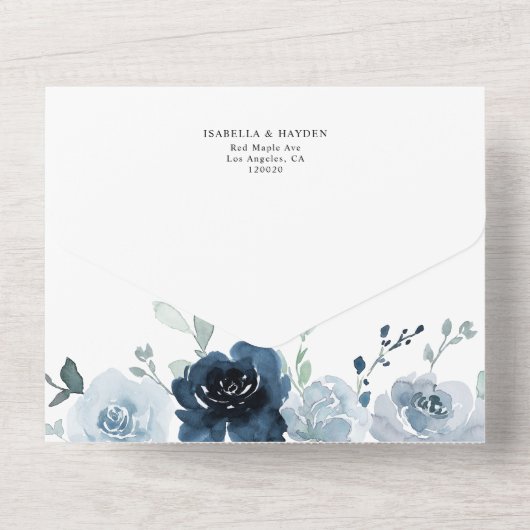 Navy Dusty Blue Flowers Botanical Wedding RSVP All All In One Einladung (Rückseite)
