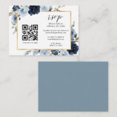 Navy Dusty Blue Gold Floral QR Code Wedding RSVP Begleitkarte (Vorne/Hinten)