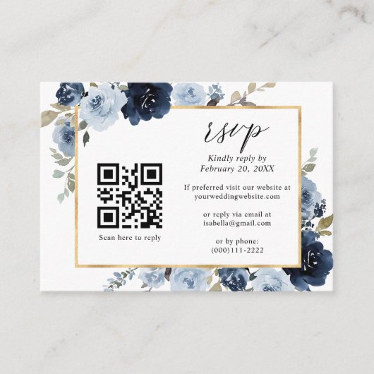 Navy Dusty Blue Gold Floral QR Code Wedding RSVP Begleitkarte (Vorderseite)
