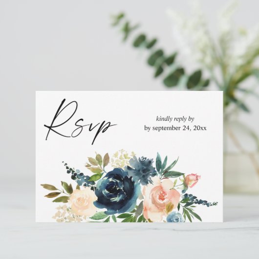 Navy & Dusty Blue Pink Floral 2mit Meetingkarte RS RSVP Karte (Stehend Vorderseite)