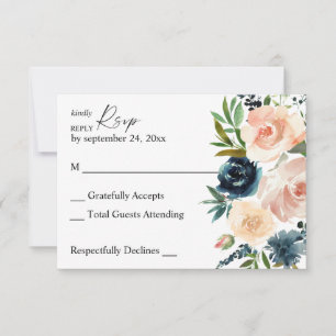 Navy & Dusty Blue & Pink Floral zu Mahlzeiten RSVP Karte