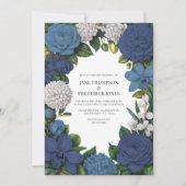 Navy, Dusty Blue & Silver Floral Wedding Einladung (Vorderseite)
