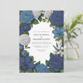 Navy, Dusty Blue & Silver Floral Wedding Einladung (Stehend Vorderseite)
