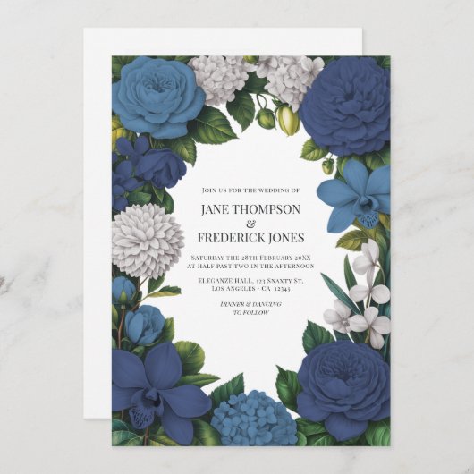 Navy, Dusty Blue & Silver Floral Wedding Einladung (Vorne/Hinten)