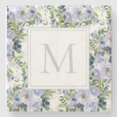 Navy Dusty Blue Watercolor Blume White Monogram Steinuntersetzer (Vorderseite)