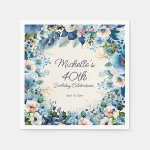 Navy Dusty Blue Weiße Blumen 40. Geburtstag Serviette